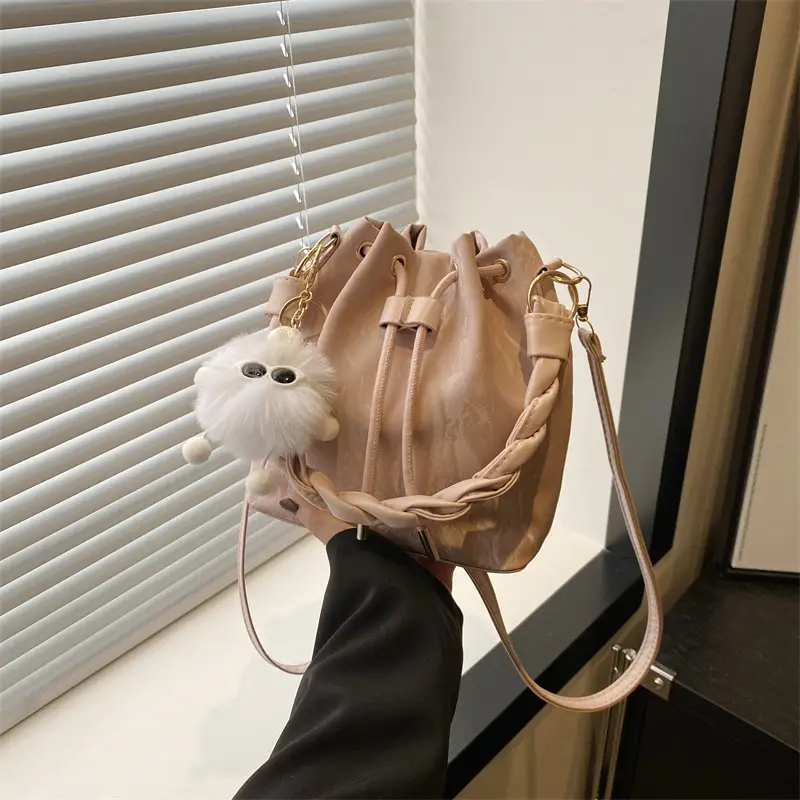 Pink Drawstring Shoulder Crossbody Bag with Rope Trim - Image 8