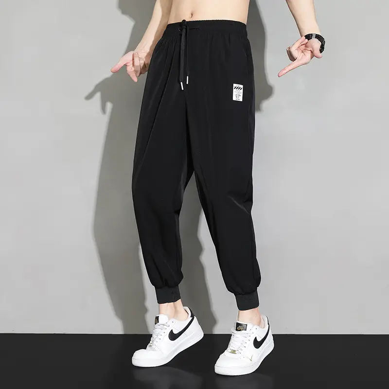Men Ice Silk Ankle Pants Black Quick Dry Loose Sports - Image 3