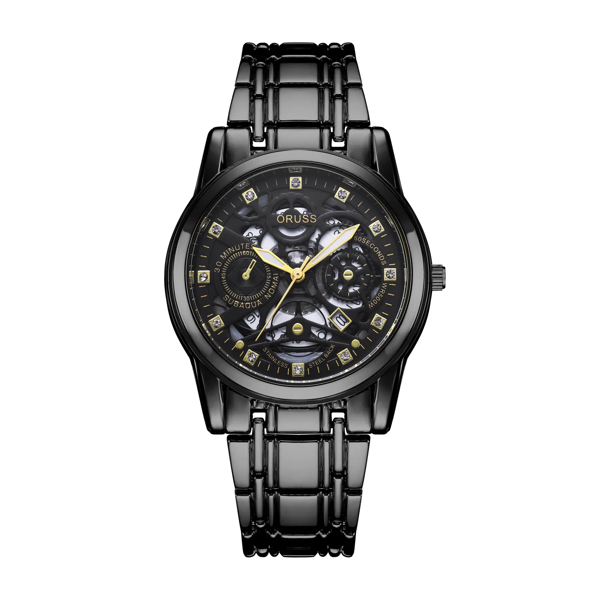 Mechanical Tourbillon Watch Black Quartz with Hollow Calendar