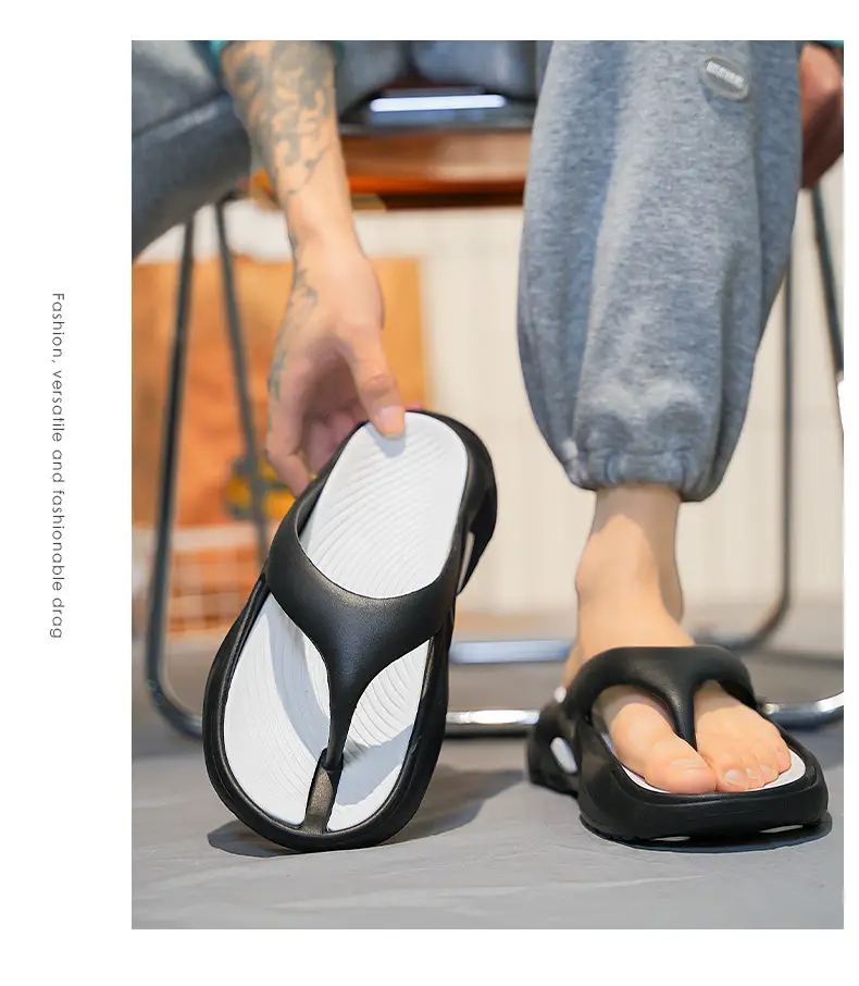 Summer Men's Two-color Thick Bottom Outdoor Beach Vacation Indoor Non-slip EVA High Elastic University All-match Clip Flip Flops — feature 12