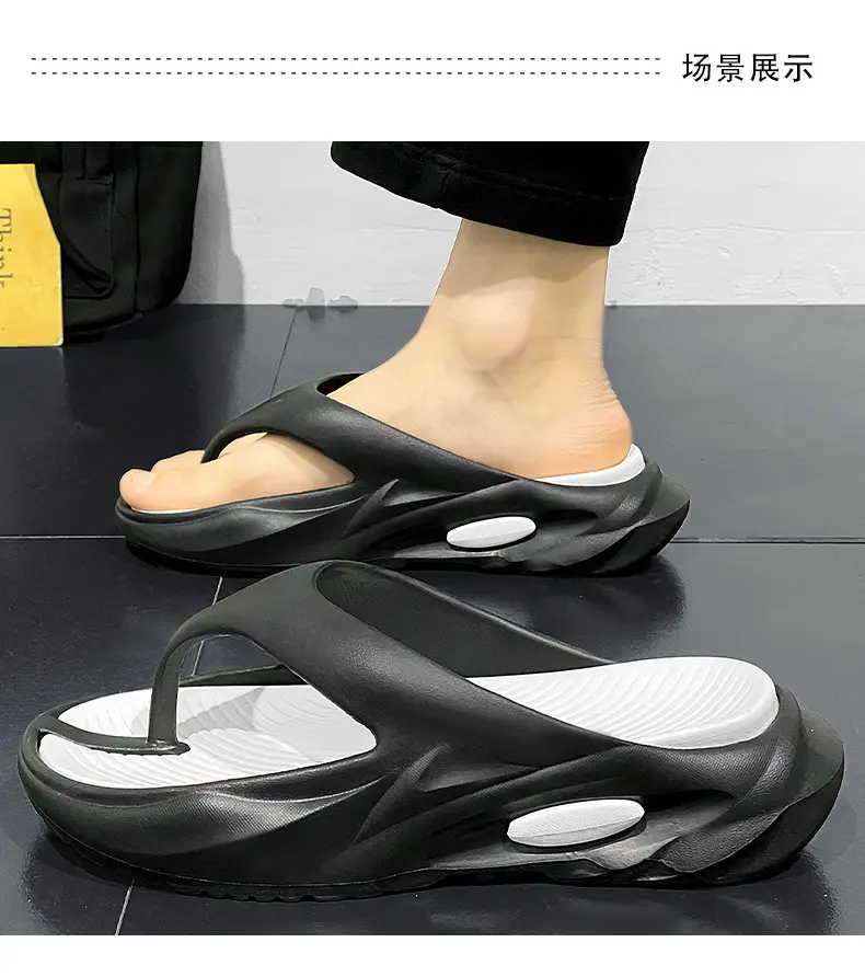 Summer Men's Two-color Thick Bottom Outdoor Beach Vacation Indoor Non-slip EVA High Elastic University All-match Clip Flip Flops — feature 13