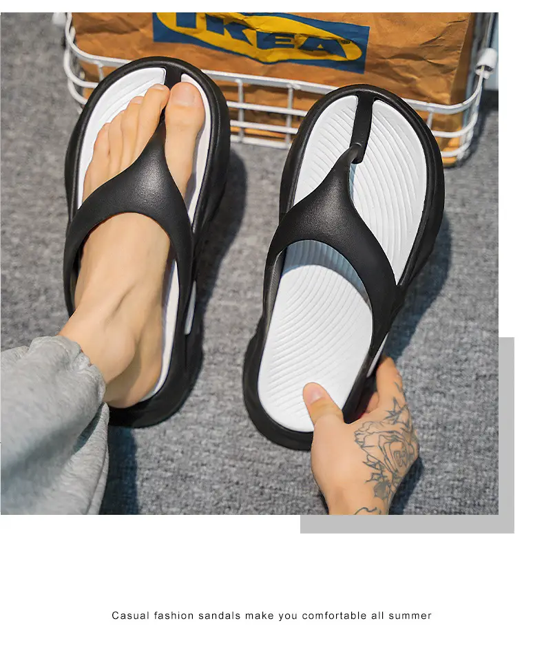 Summer Men's Two-color Thick Bottom Outdoor Beach Vacation Indoor Non-slip EVA High Elastic University All-match Clip Flip Flops — feature 16