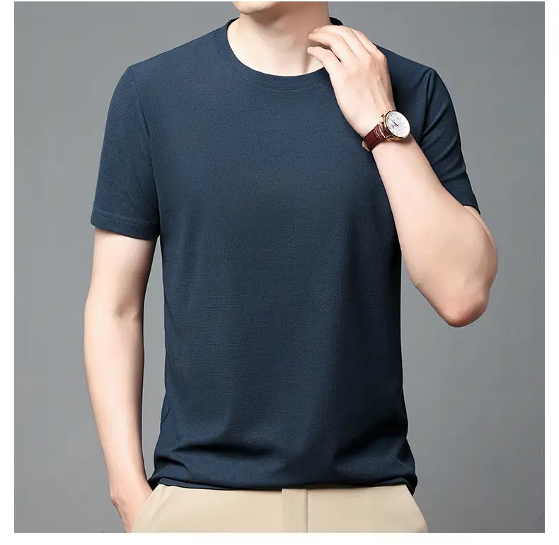 Men Navy Crossbody Crewneck T-Shirt Short Sleeve — feature 16