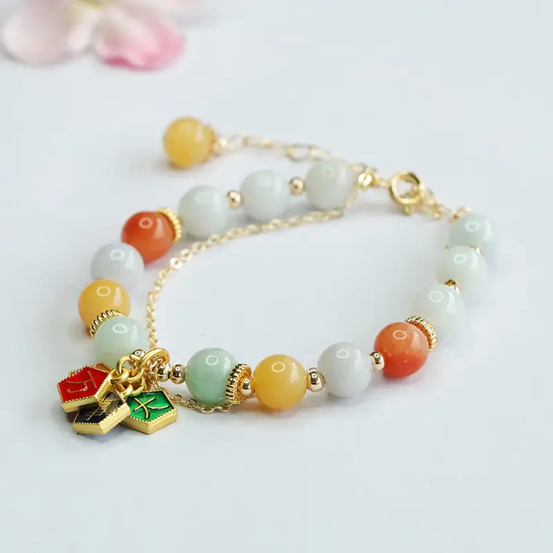 Multicolored Jade Bracelet with Ethnic Pendant - Image 3