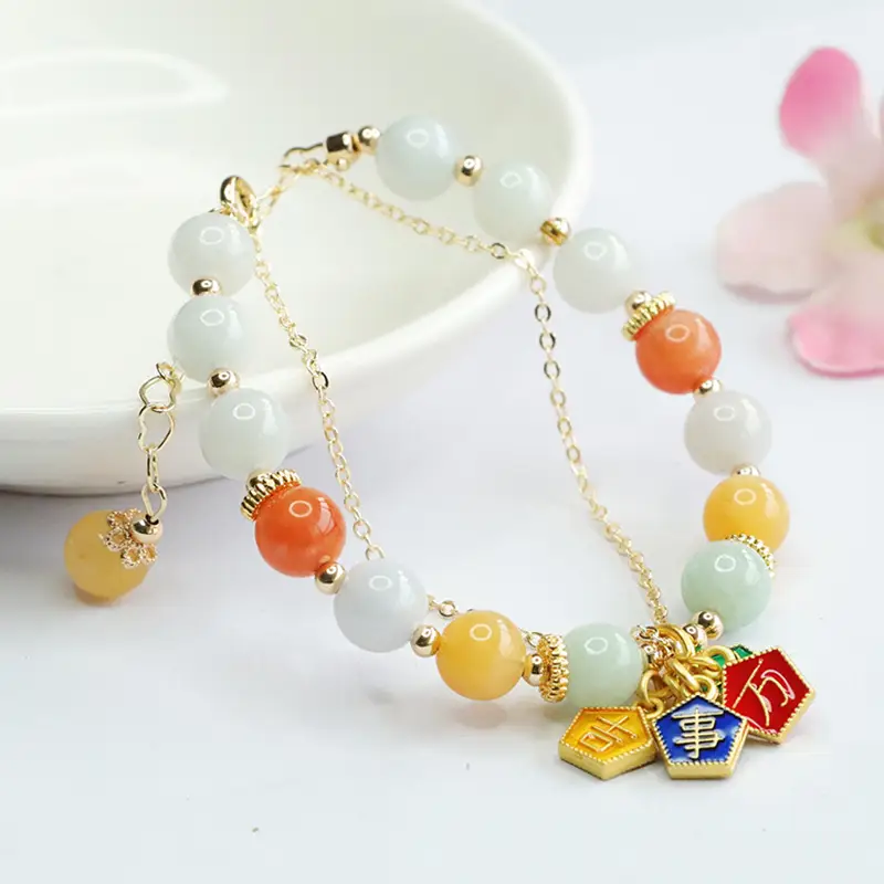 Multicolored Jade Bracelet with Ethnic Pendant - Image 5