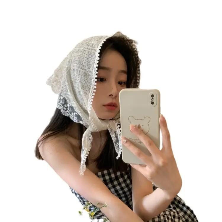 French Lace Triangle Scarf Beige Western Decorative Headscarf