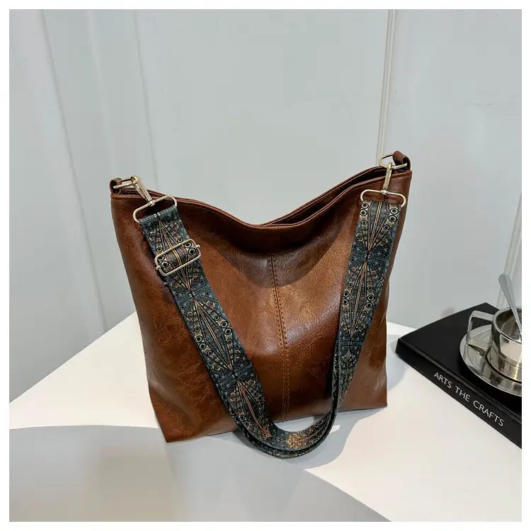 Brown Leather Ethnic Shoulder Bag with Crossbody Strap