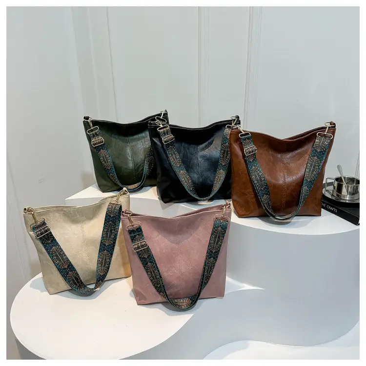 Brown Leather Ethnic Shoulder Bag with Crossbody Strap