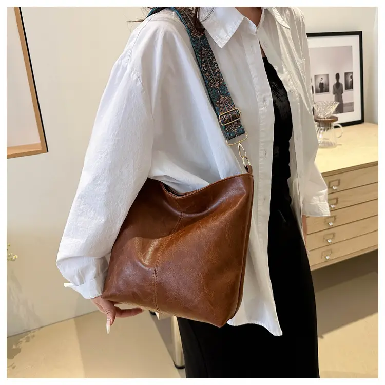 Brown Leather Ethnic Shoulder Bag with Crossbody Strap