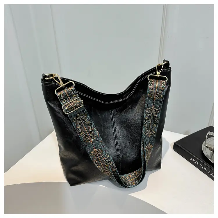 Brown Leather Ethnic Shoulder Bag with Crossbody Strap — feature 28
