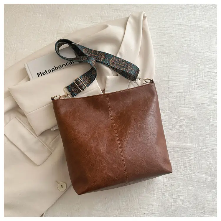 Brown Leather Ethnic Shoulder Bag with Crossbody Strap