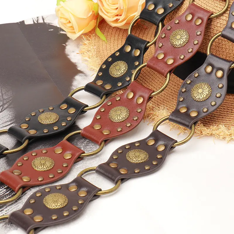 Retro Belt Women American Rivet Eye Stitching Wide Waist Seal