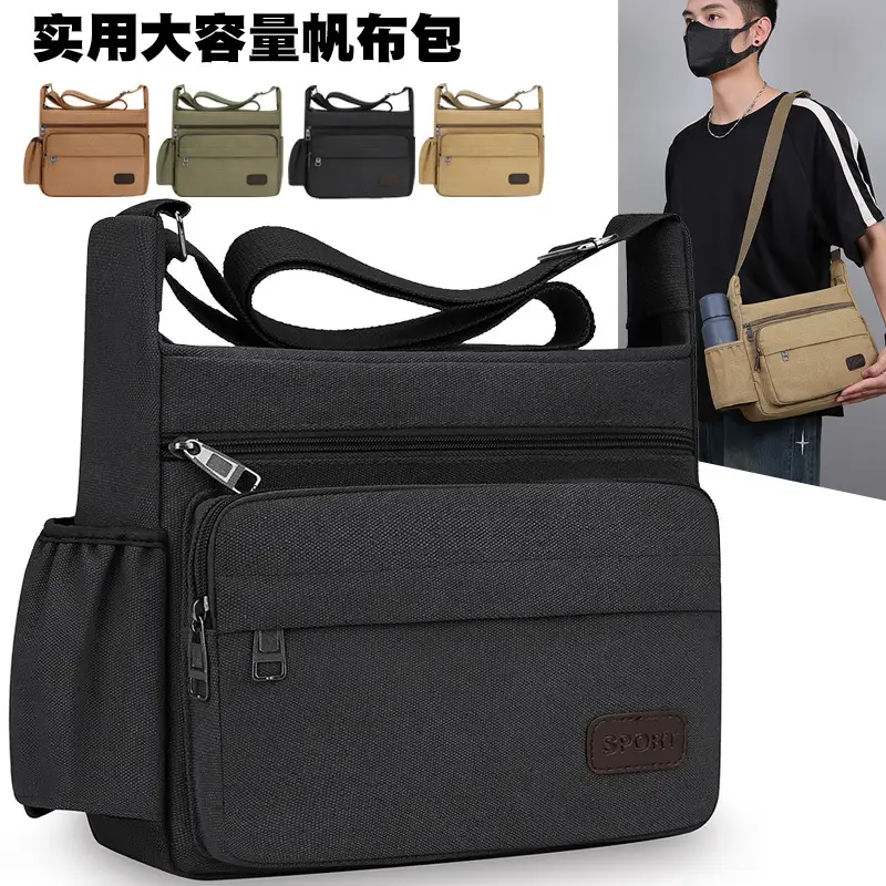 Men's Black Canvas Shoulder Bag Large Capacity Washable - Image 5