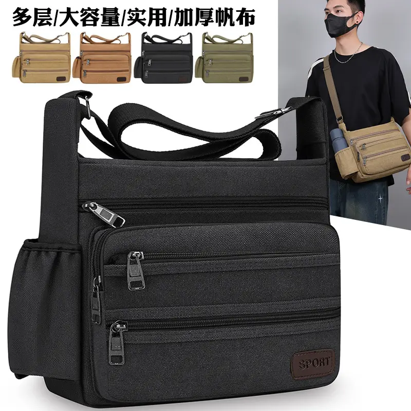 Men's Canvas Crossbody Bag Large Capacity Tan - Image 3