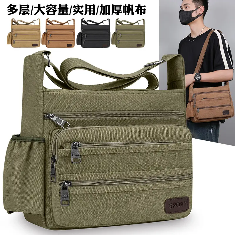 Men's Canvas Crossbody Bag Large Capacity Tan - Image 4