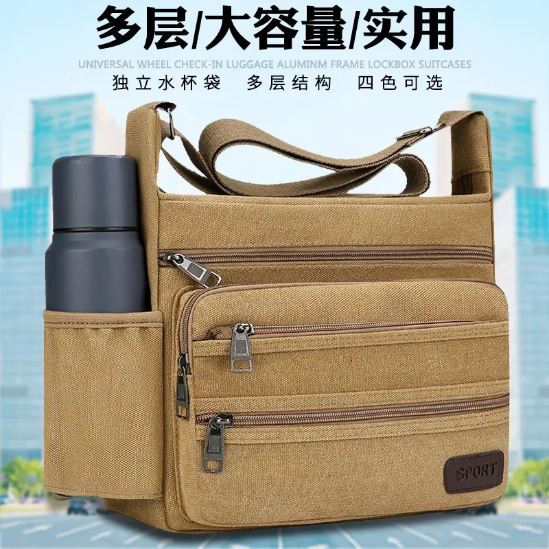 Men's Canvas Crossbody Bag Large Capacity Tan - Image 5