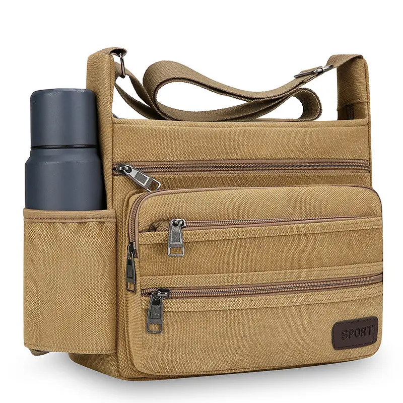 Men's Canvas Crossbody Bag Large Capacity Tan - Image 6
