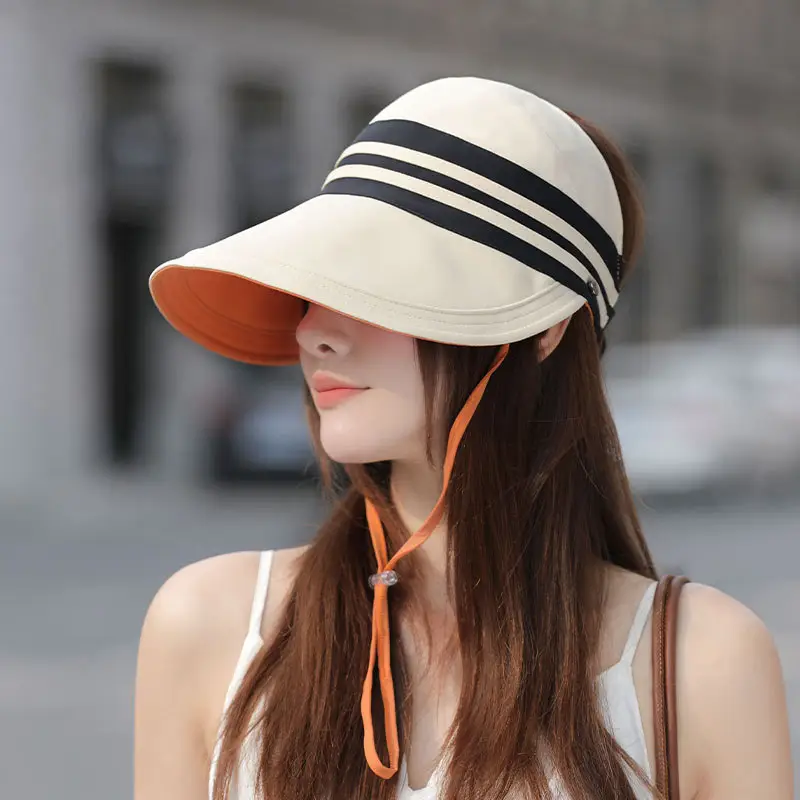 Women Sun Hat Pink Black Striped Anti-UV Korean Style - Image 6