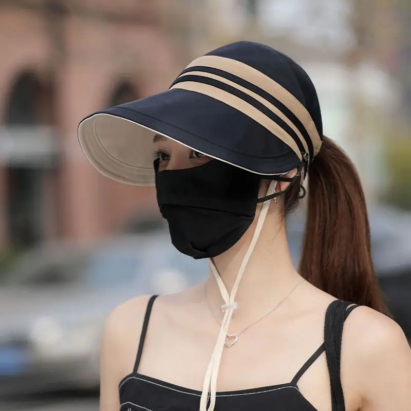 Women Sun Hat Pink Black Striped Anti-UV Korean Style - Image 9