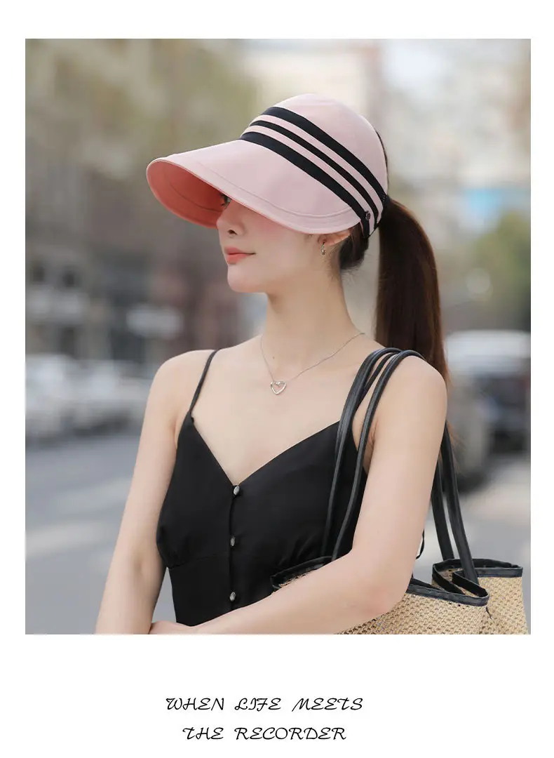 Women Sun Hat Pink Black Striped Anti-UV Korean Style — feature 13