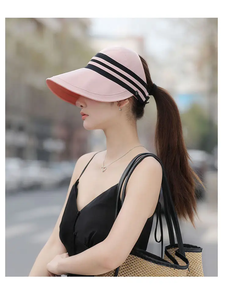 Women Sun Hat Pink Black Striped Anti-UV Korean Style — feature 14