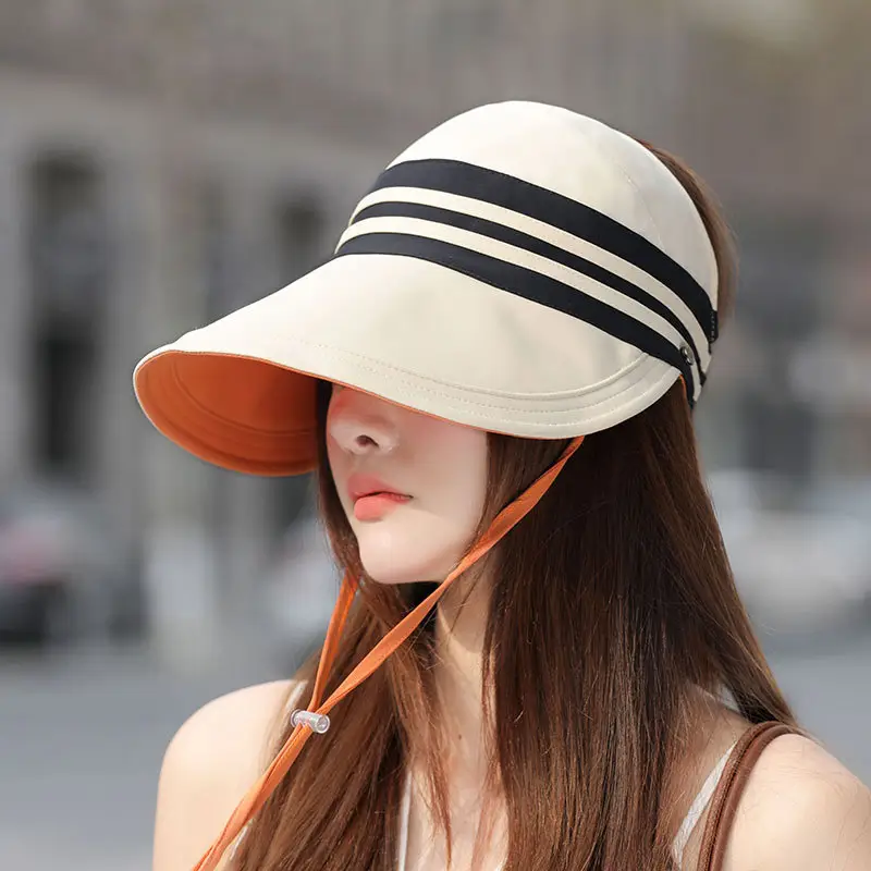 Women Sun Hat Pink Black Striped Anti-UV Korean Style - Image 2