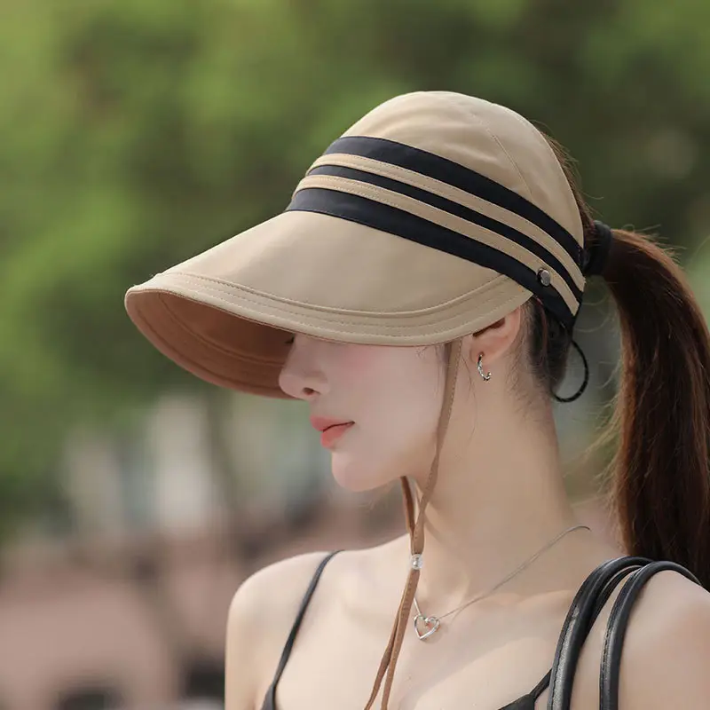 Women Sun Hat Pink Black Striped Anti-UV Korean Style - Image 3