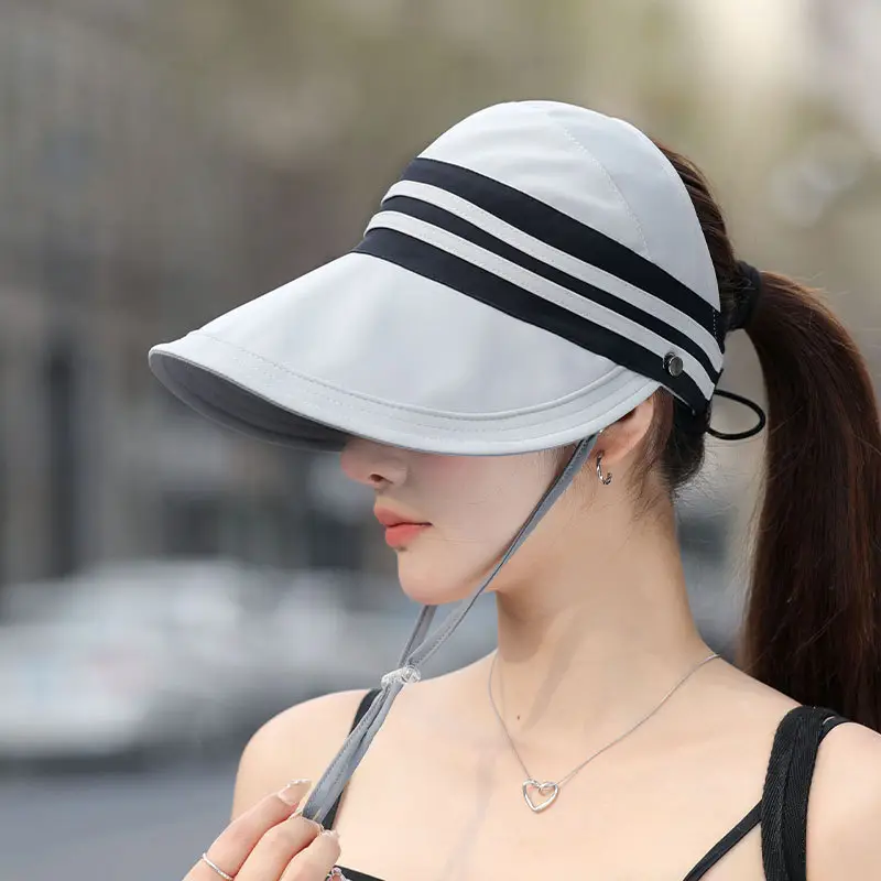 Women Sun Hat Pink Black Striped Anti-UV Korean Style - Image 4