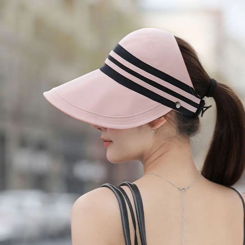 Women Sun Hat Pink Black Striped Anti-UV Korean Style - Image 5