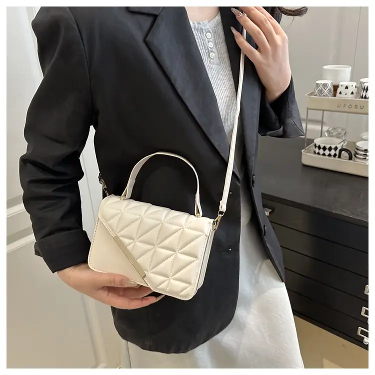 Black Quilted Shoulder Messenger Bag with Gold Plated Clasp — feature 17