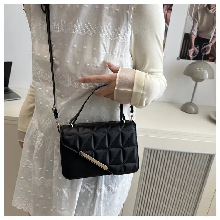 Black Quilted Shoulder Messenger Bag with Gold Plated Clasp — feature 21