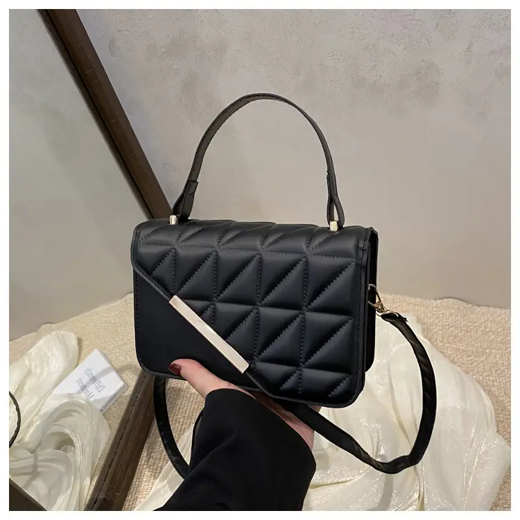 Black Quilted Shoulder Messenger Bag with Gold Plated Clasp — feature 28