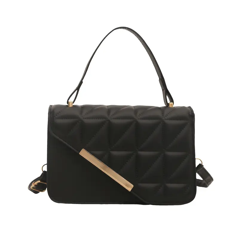 Black Quilted Shoulder Messenger Bag with Gold Plated Clasp