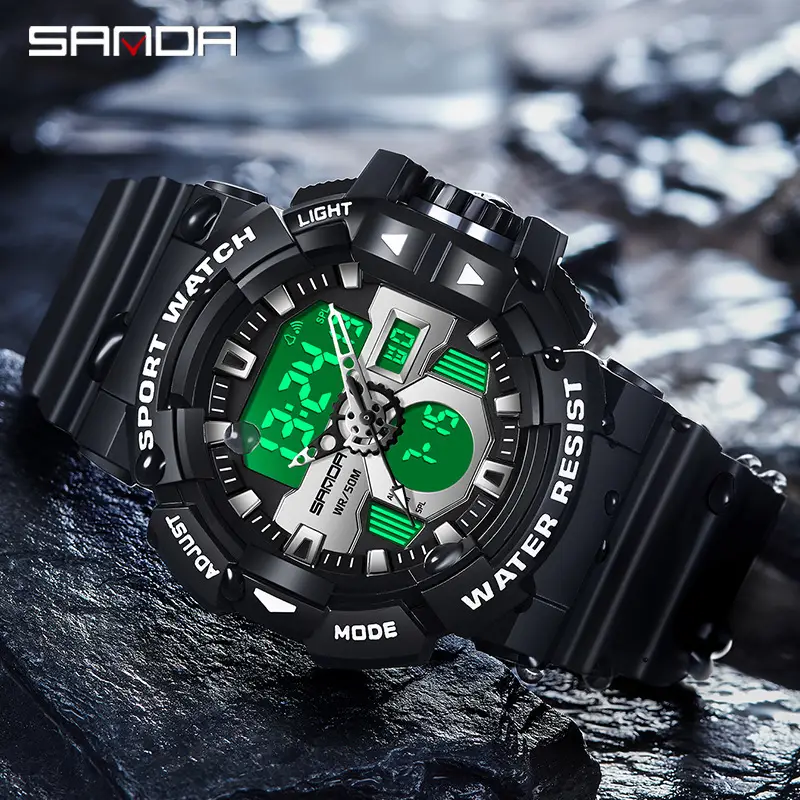 Sanda Dual Display Sports Watch Black White Waterproof