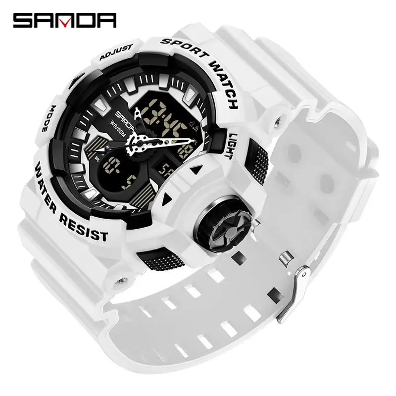 Sanda Dual Display Sports Watch Black White Waterproof