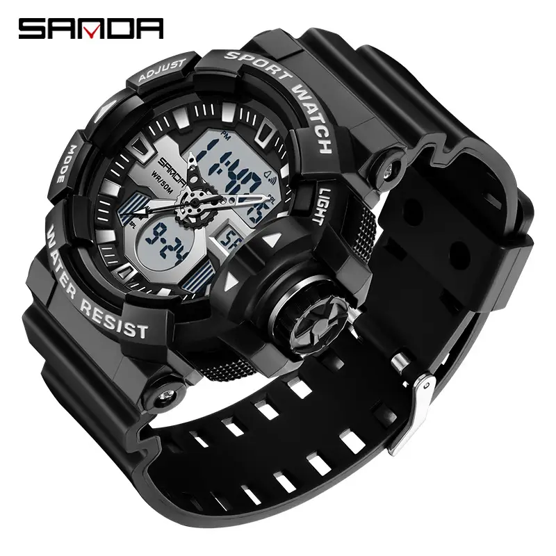 Sanda Dual Display Sports Watch Black White Waterproof