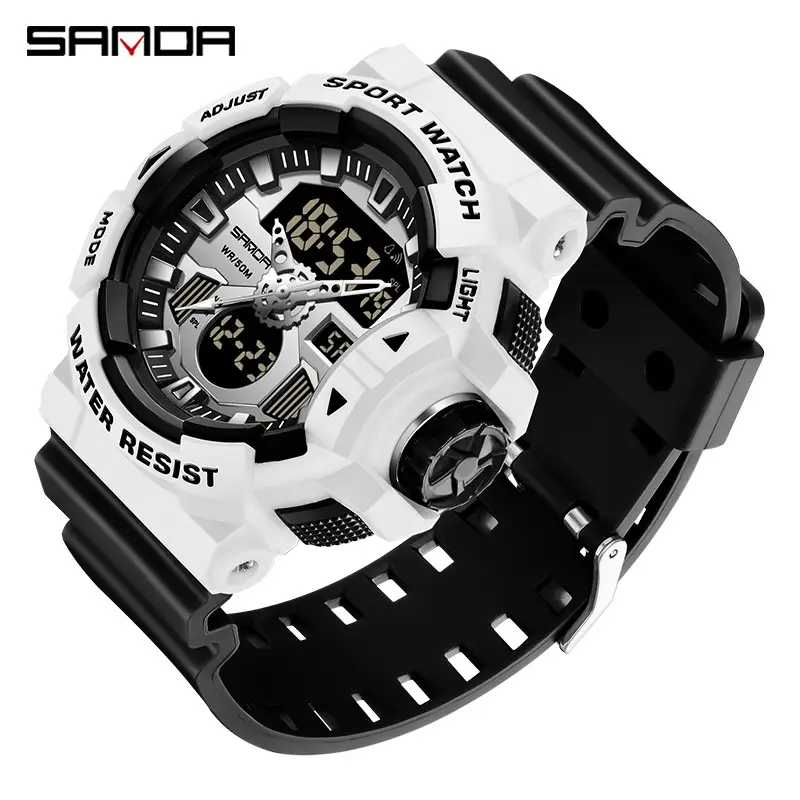 Sanda Dual Display Sports Watch Black White Waterproof