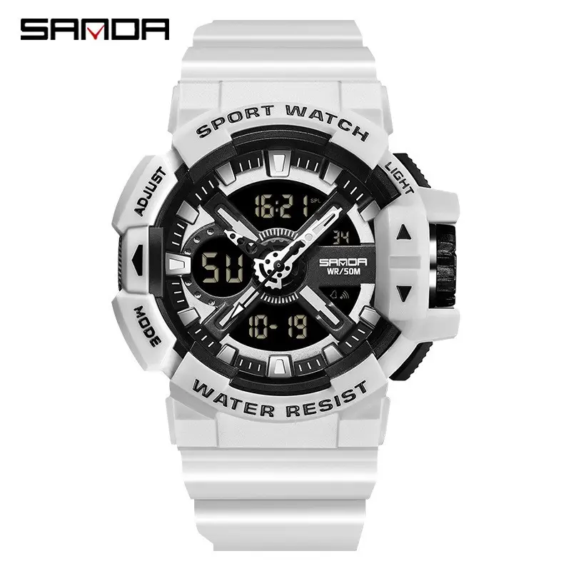 Sanda Dual Display Sports Watch Black White Waterproof
