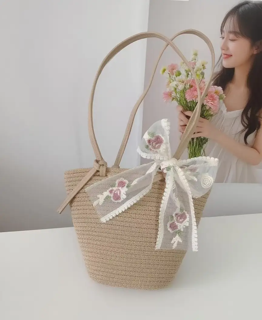 Women's Beige Woven Crossbody Bag with Bow - Image 6