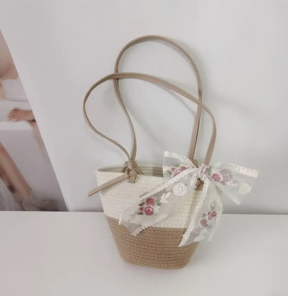 Women's Beige Woven Crossbody Bag with Bow - Image 7