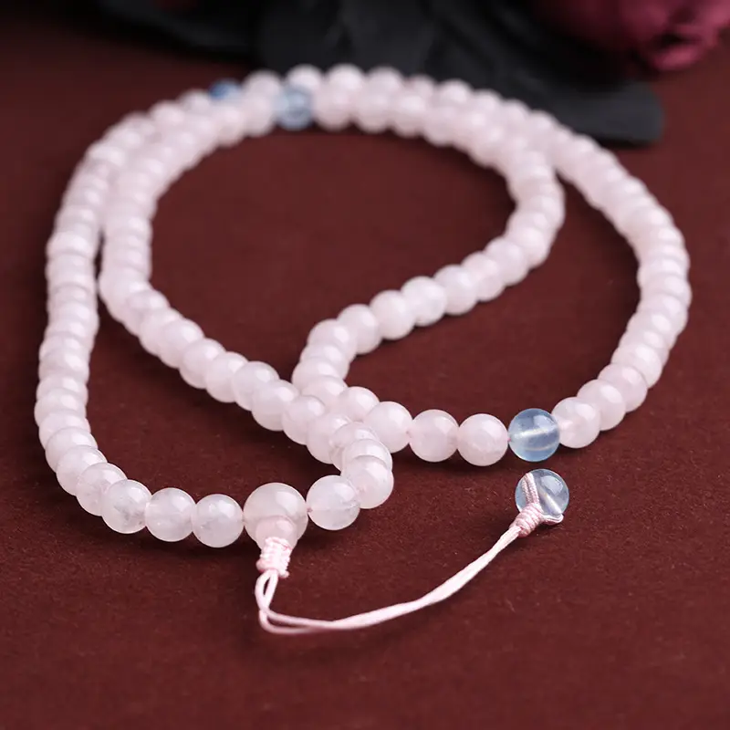 Natural Pink Crystal Bracelet with 108 Beads & Hibiscus Stone