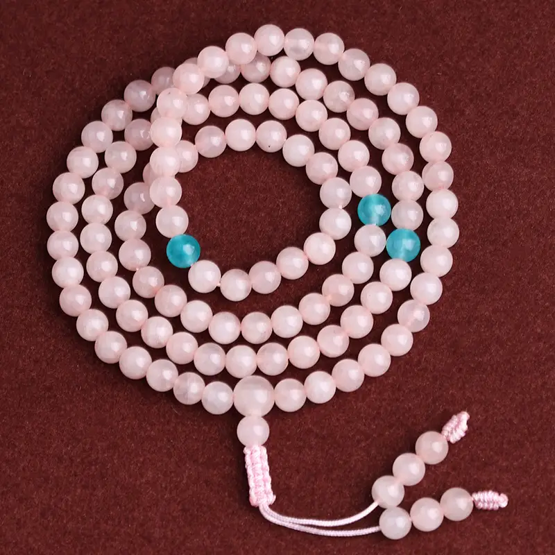 Natural Pink Crystal Bracelet with 108 Beads & Hibiscus Stone