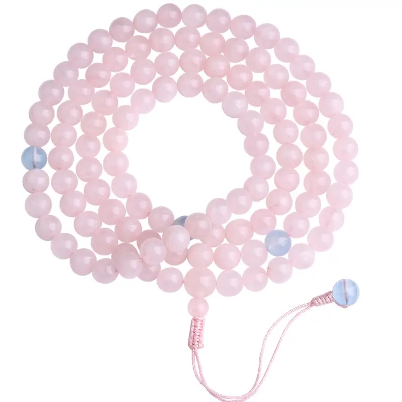 Natural Pink Crystal Bracelet with 108 Beads & Hibiscus Stone