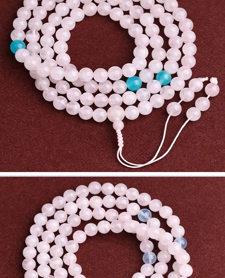 Natural Pink Crystal Bracelet with 108 Beads & Hibiscus Stone — feature 10