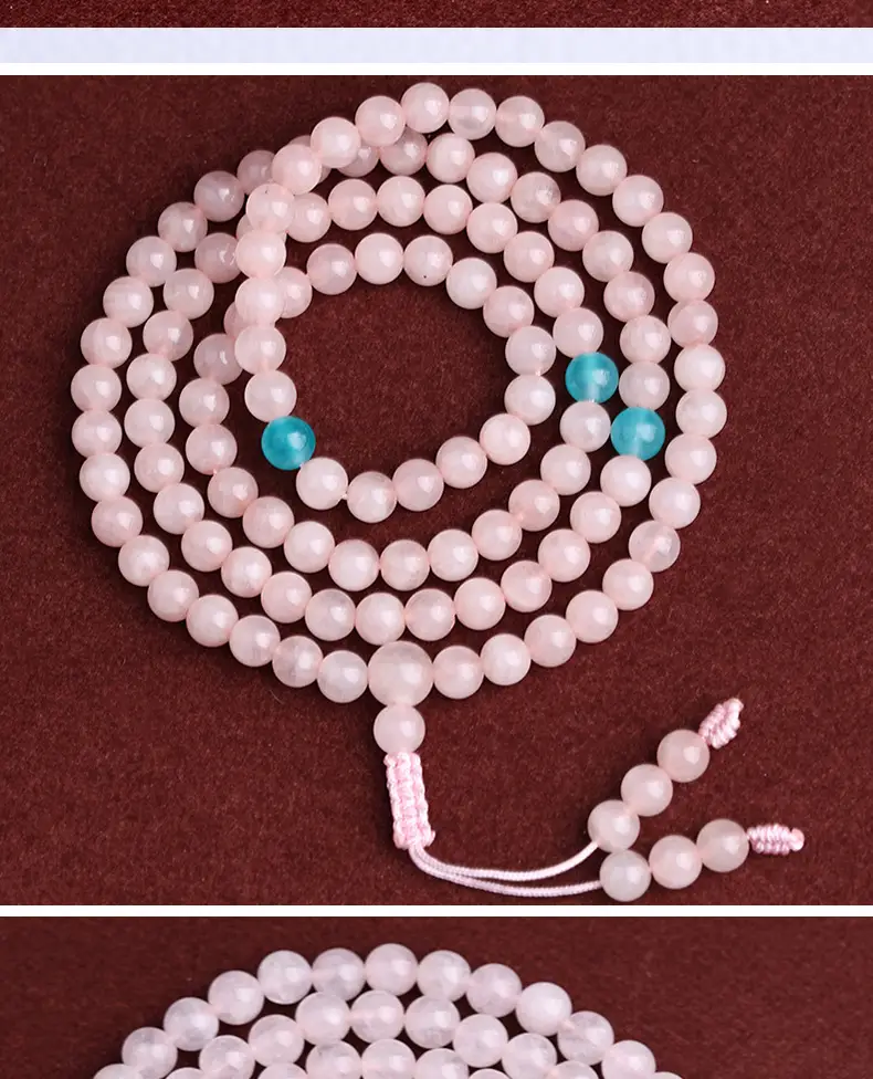 Natural Pink Crystal Bracelet with 108 Beads & Hibiscus Stone — feature 9