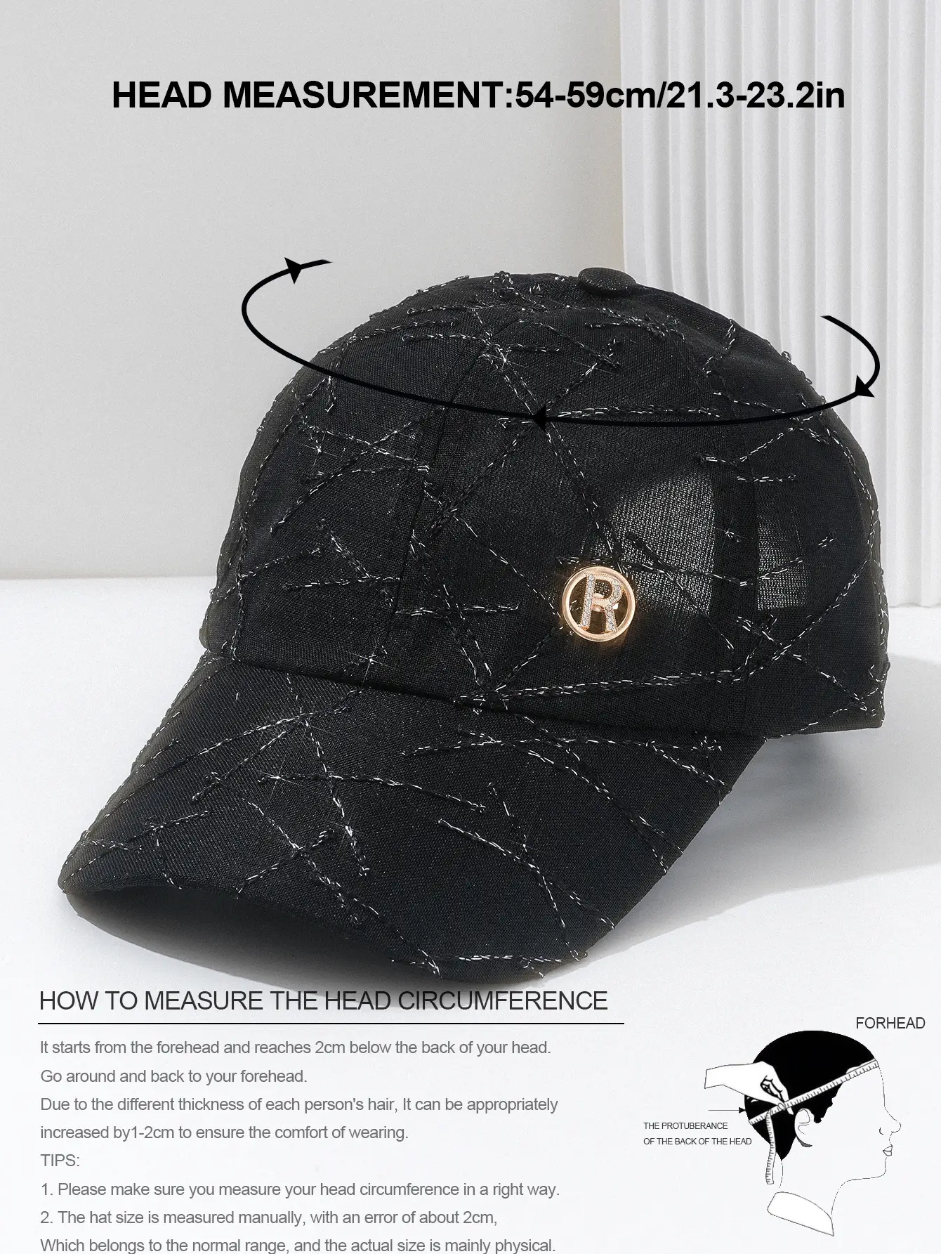 Black Quilted Travel Cap with Metal Button — feature 4