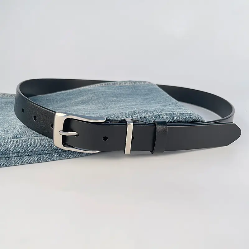 Red Vintage Genuine Leather Women's Belt with Silver Buckle