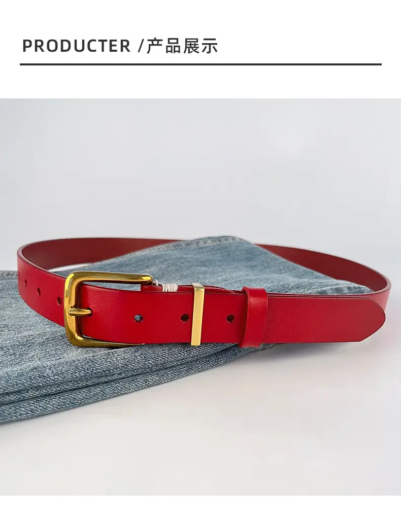 Red Vintage Genuine Leather Women's Belt with Silver Buckle — feature 10