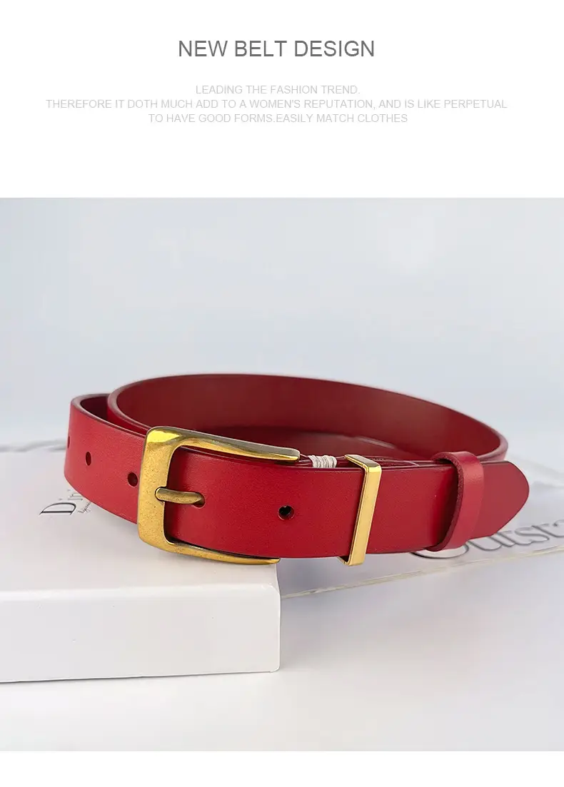 Red Vintage Genuine Leather Women's Belt with Silver Buckle — feature 14