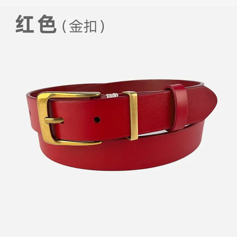 Red Vintage Genuine Leather Women's Belt with Silver Buckle